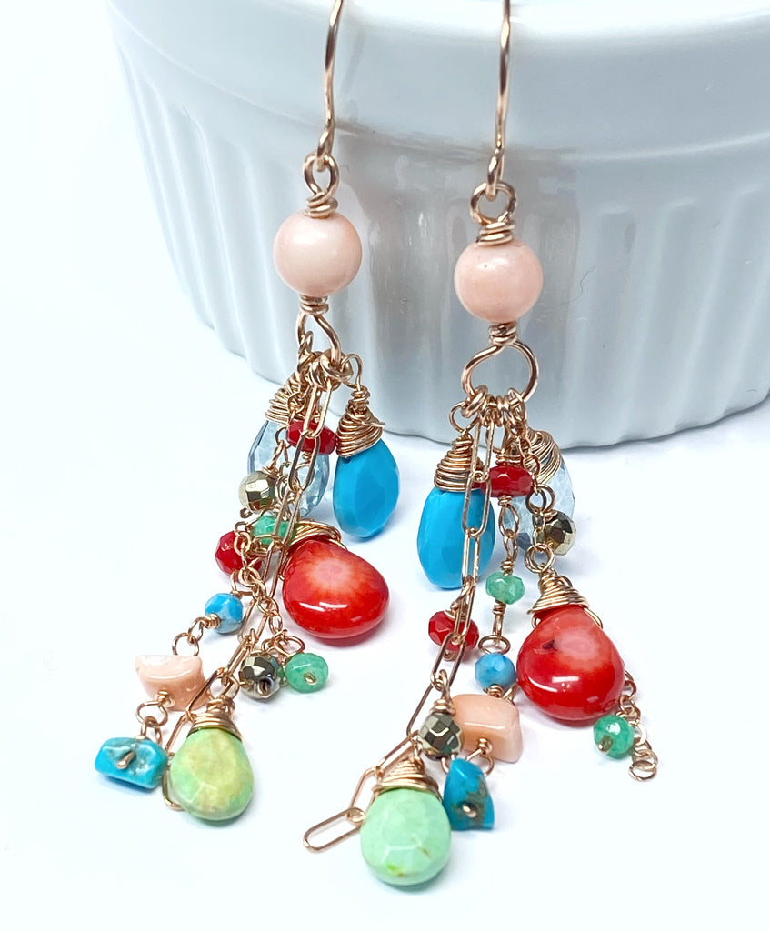 Turquoise Red Coral Rose Gold Long Boho Dangle Earrings