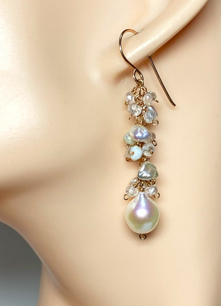 Rose Gold Long Dangle Earrings Keishi Pearl Mystic Quartz