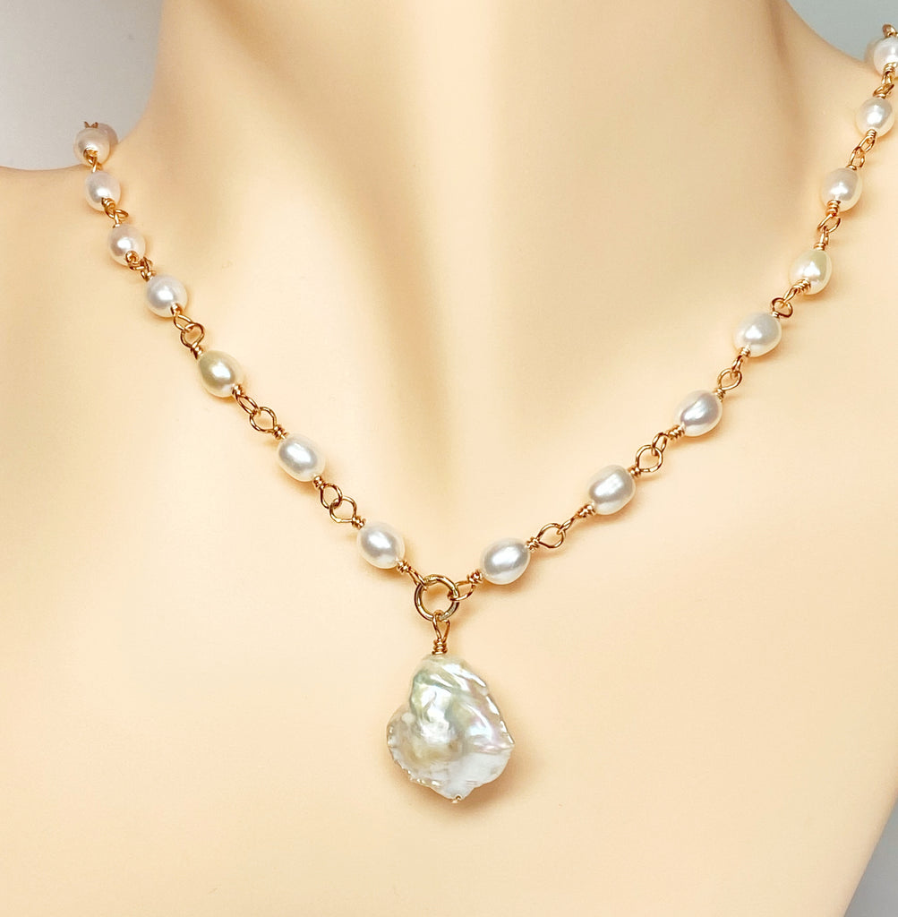 Dainty Baroque Pearl Necklace Wire Wrapped Rosary Style Rose Gold Fill