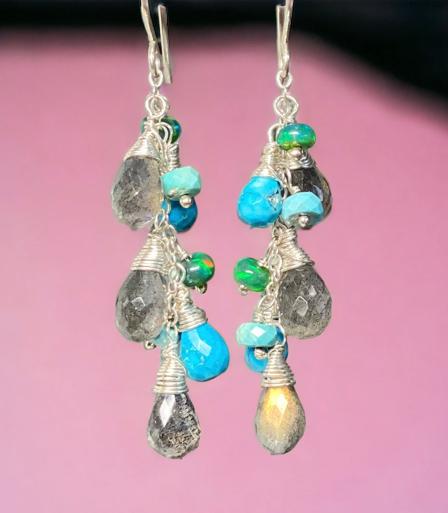 Turquoise, Labradorite and Sterling Silver Dangle Earrings - Doolittle