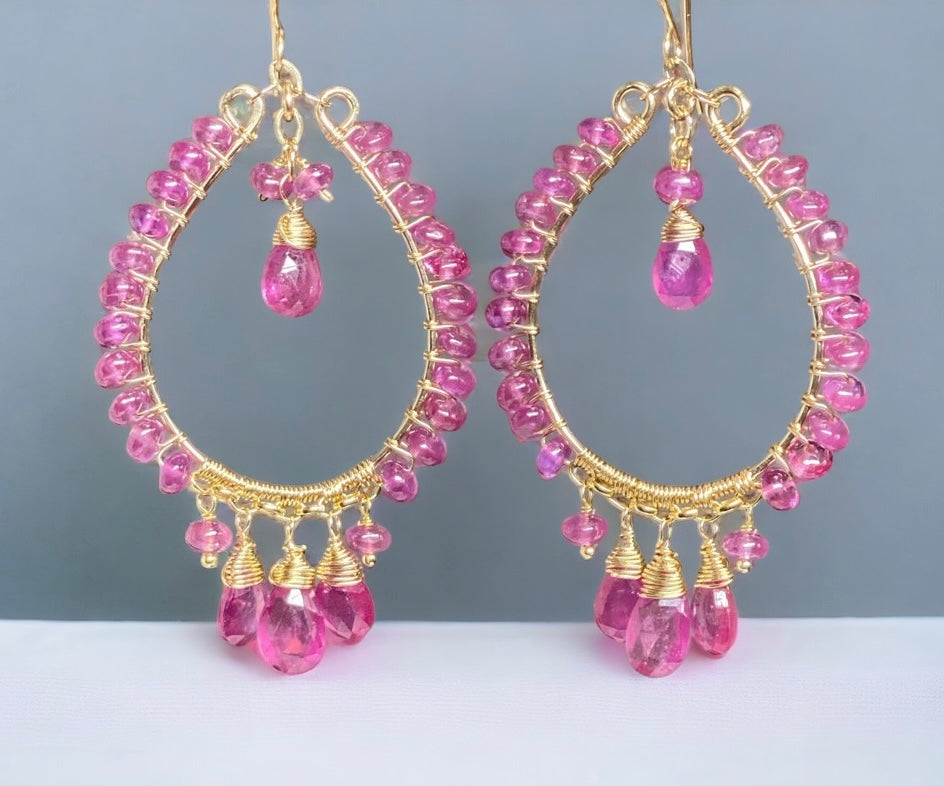 Pink Sapphire Chandelier Hoop Earrings Gold Fill