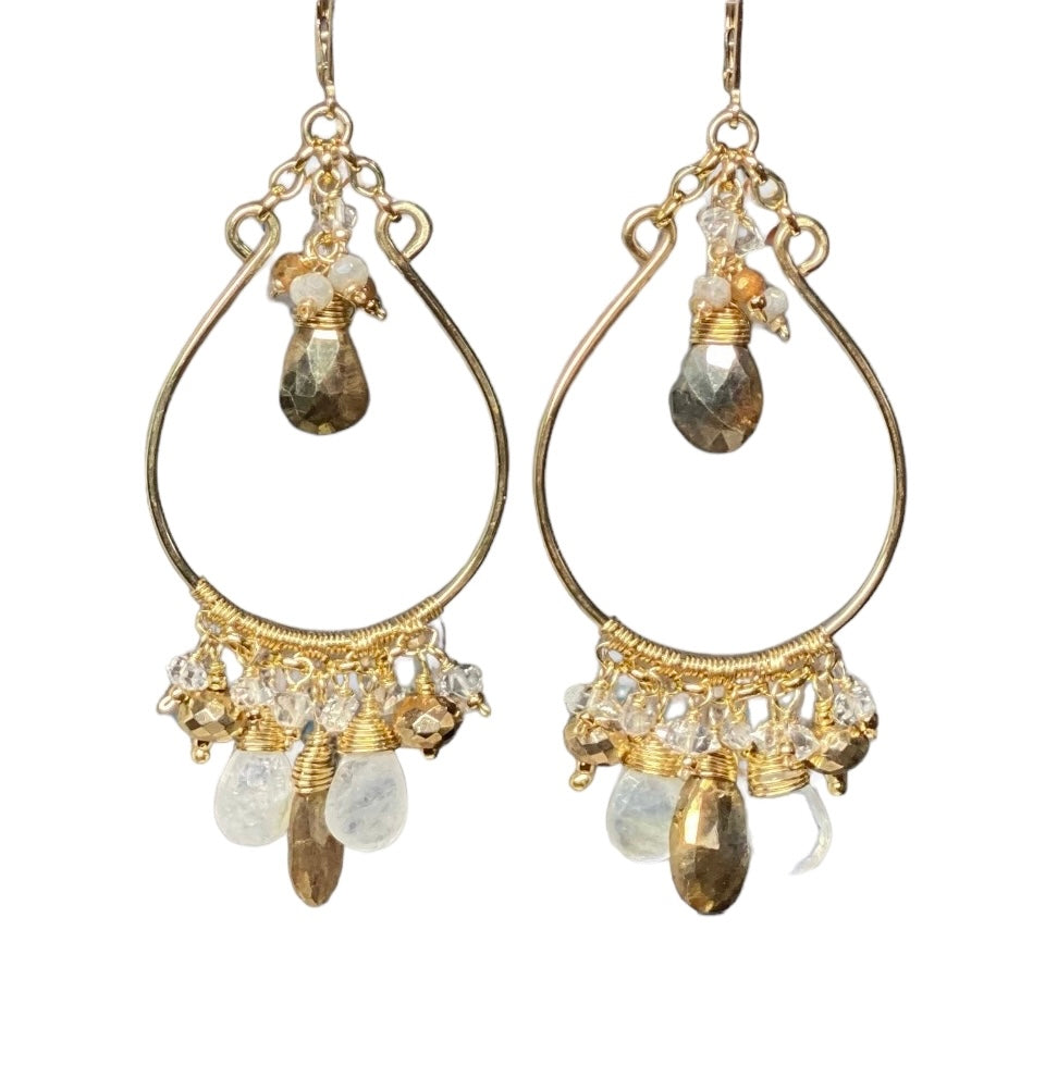 Rainbow Moonstone Gold Chandelier Hoop Earrings Herkimer Diamond