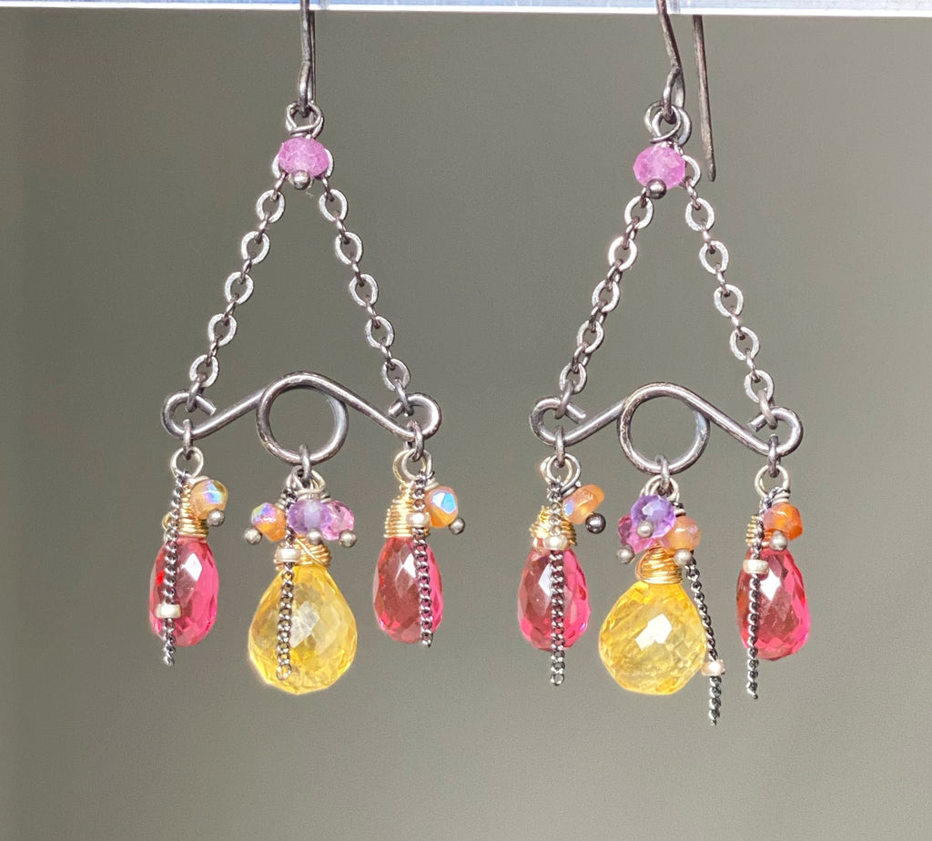 Pink, Fuchsia, Citrine Gemstone Handmade Chandelier Earrings Mixed Metal Oxidized Silver