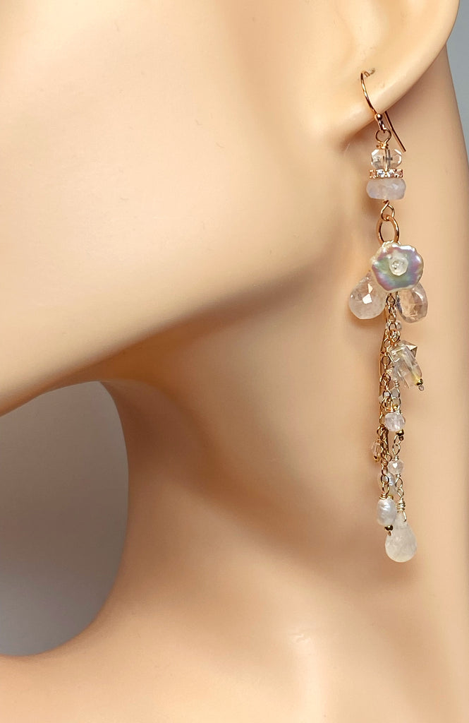 Rose Gold Long Boho Mystic Quartz, Pearl & Moonstone Dangle Earrings