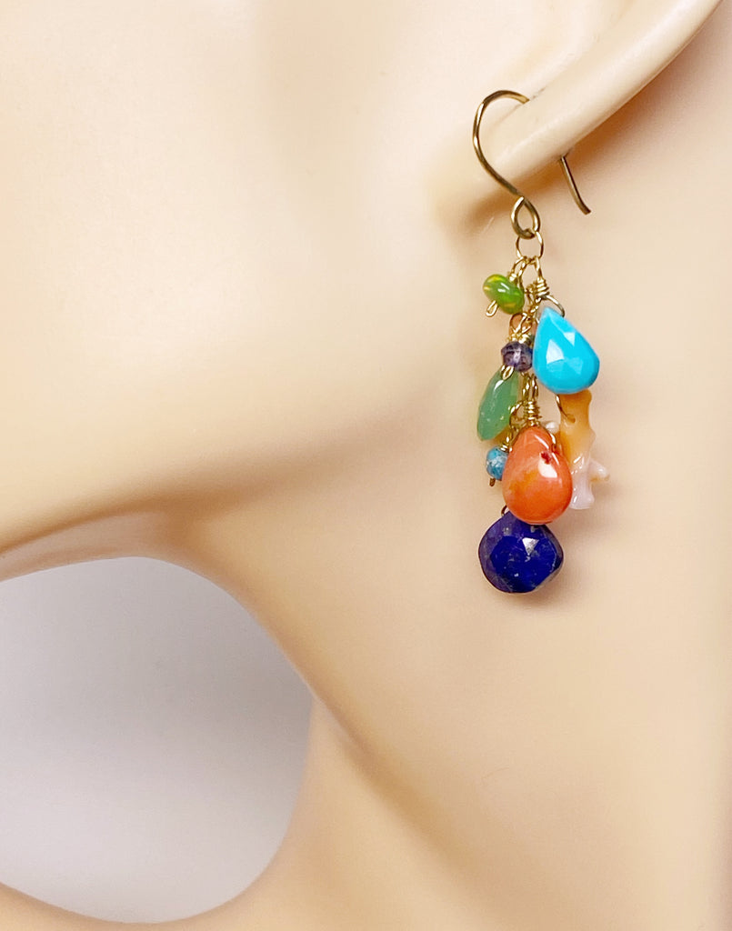 Multi Gemstone Gold Dangle Earrings Coral Blue Lapis Turquoise