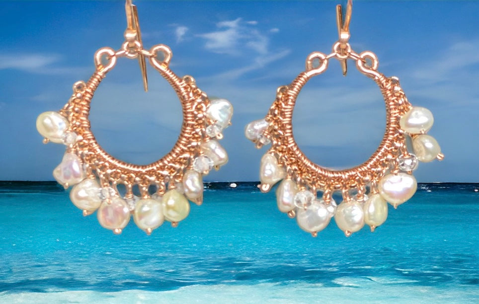 Rose Gold Keishi Pearl and Crystal Hoop Earrings