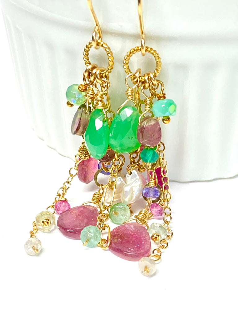 Pink Tourmaline Slice Green Chrysoprase Gemstone Dangle Earrings Gold Fill