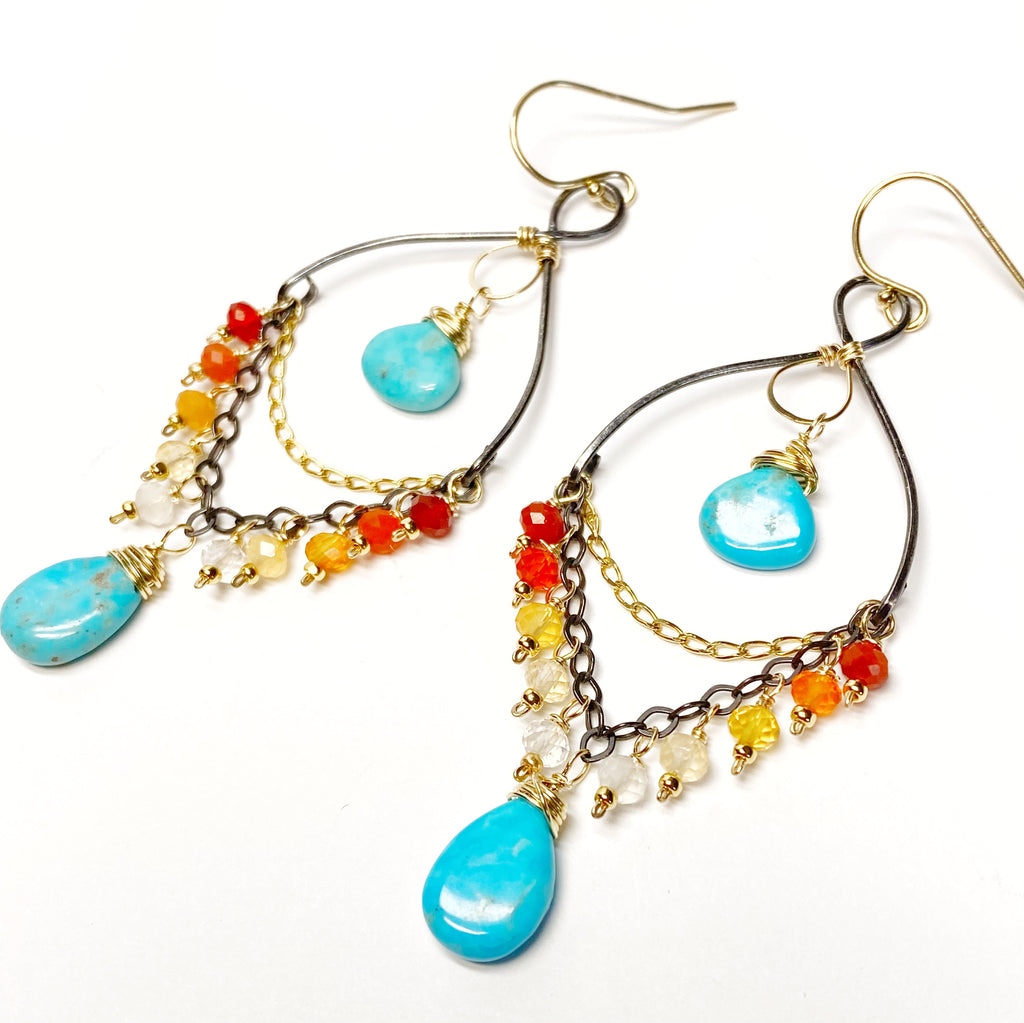 Turquoise Gemstone Mexican Fire Opal Mixed Metal Chandelier Earrings