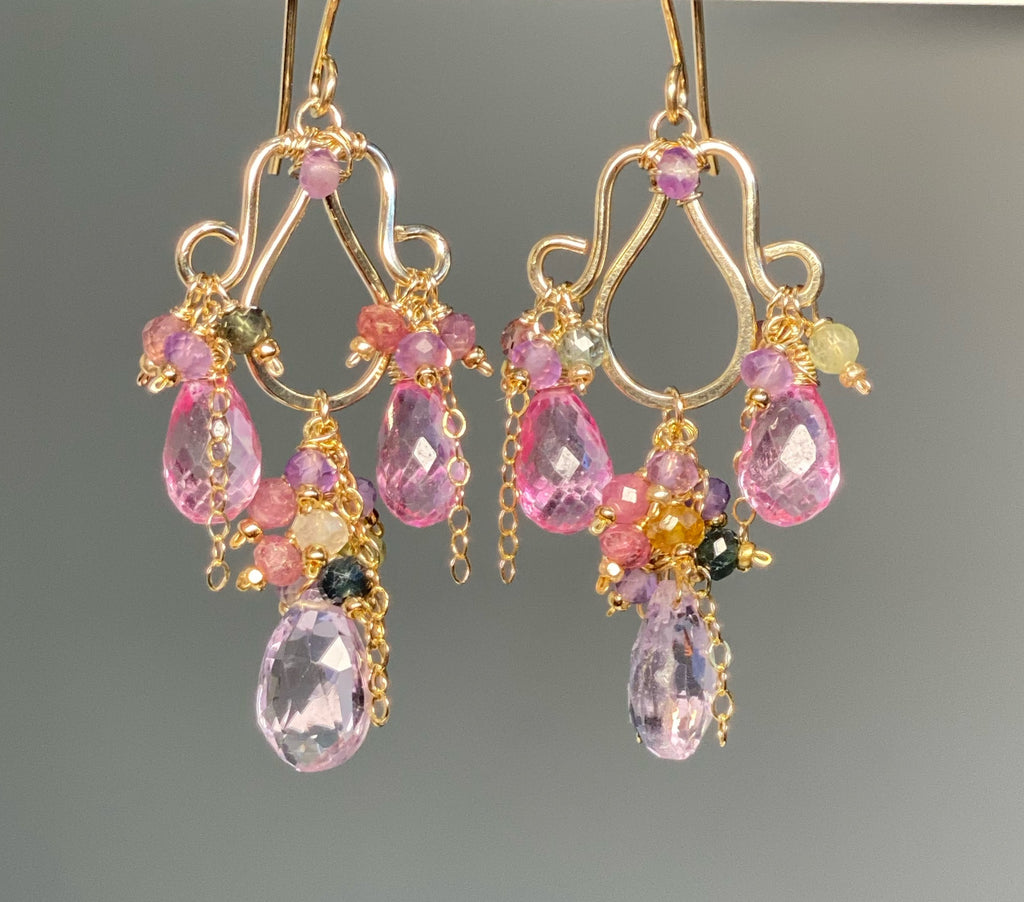 Pink, Lavender, Tourmaline Chandelier Earrings in Gold Fill