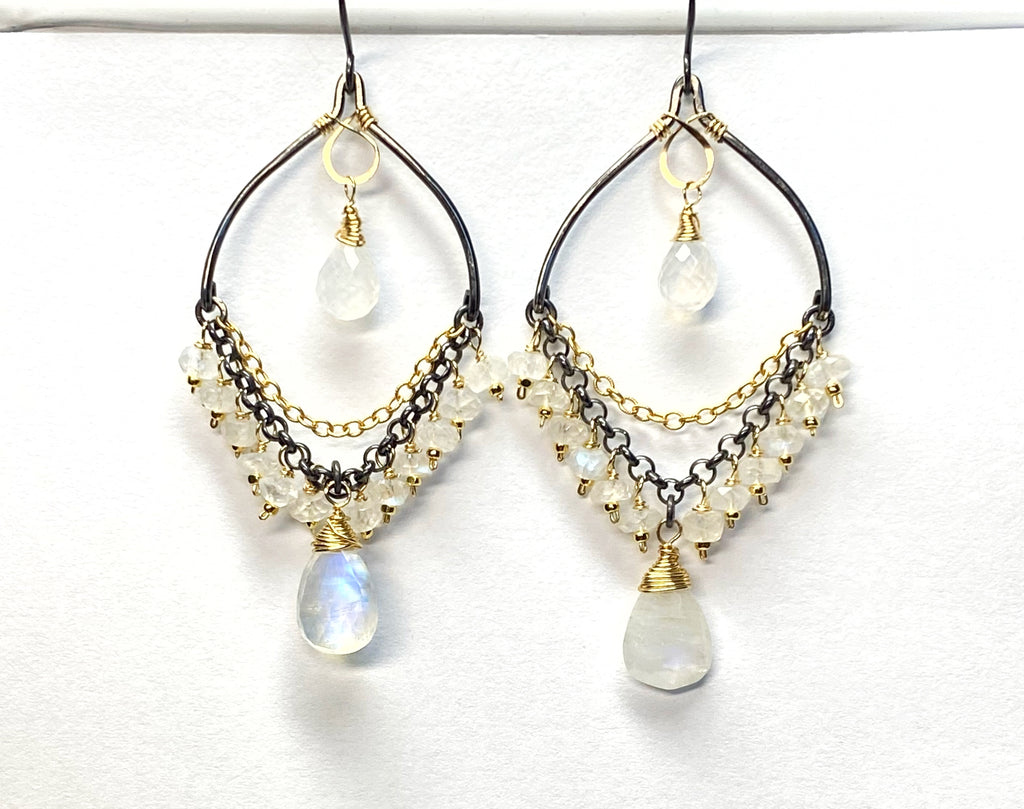 Rainbow Moonstone Mixed Metal Chandelier Earrings