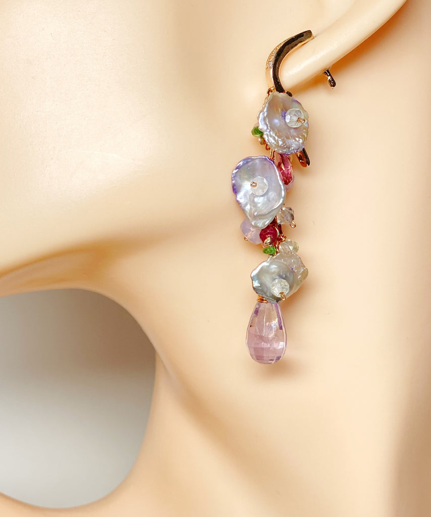 Lavender Amethyst Keishi Pearl Rose Gold Long Dangle Earrings