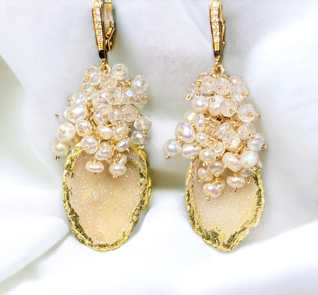 Golden Tabasco Geode 24 kt Gold Leaf Earrings with Pearl and Mystic Crystal Clusters