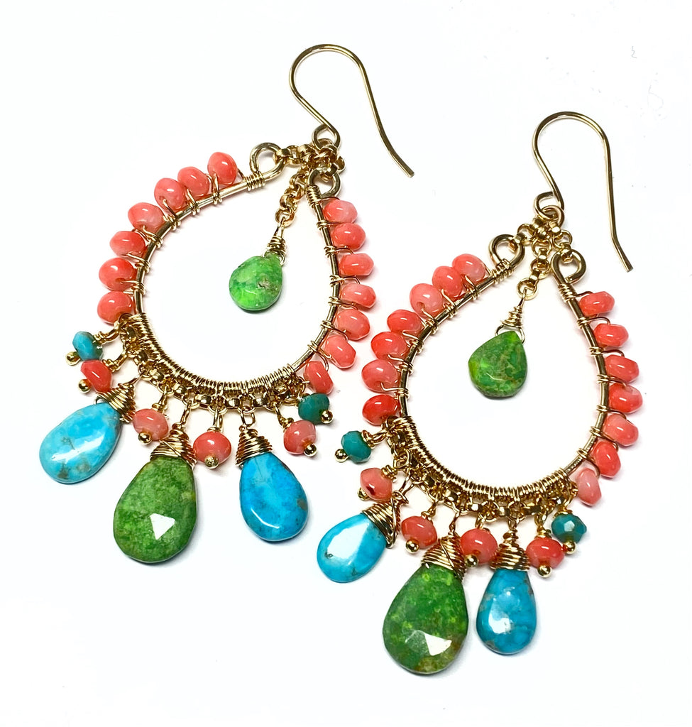 Turquoise Gold Hoop Chandelier Earrings Kingman Turquoise