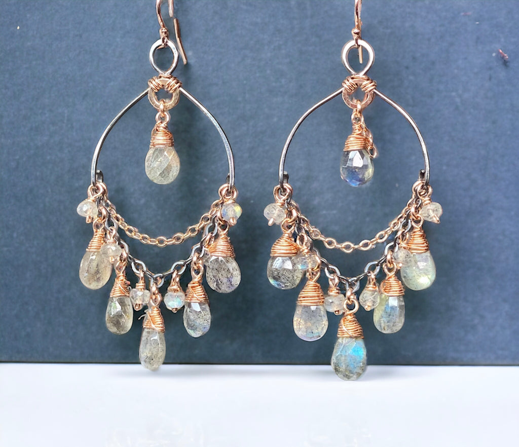 labradorite mixed metal coho chandelier hoop earings
