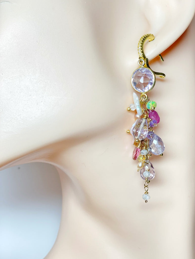 Keishi Pearl Pastel Pink Lavender Cascade Wedding Earrings