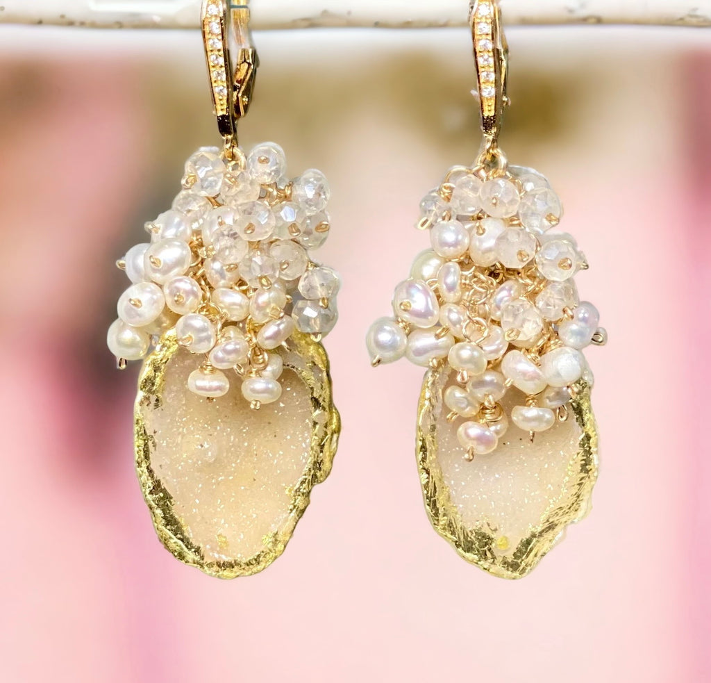 Golden Tabasco Geode 24 kt Gold Leaf Earrings with Pearl and Mystic Crystal Clusters