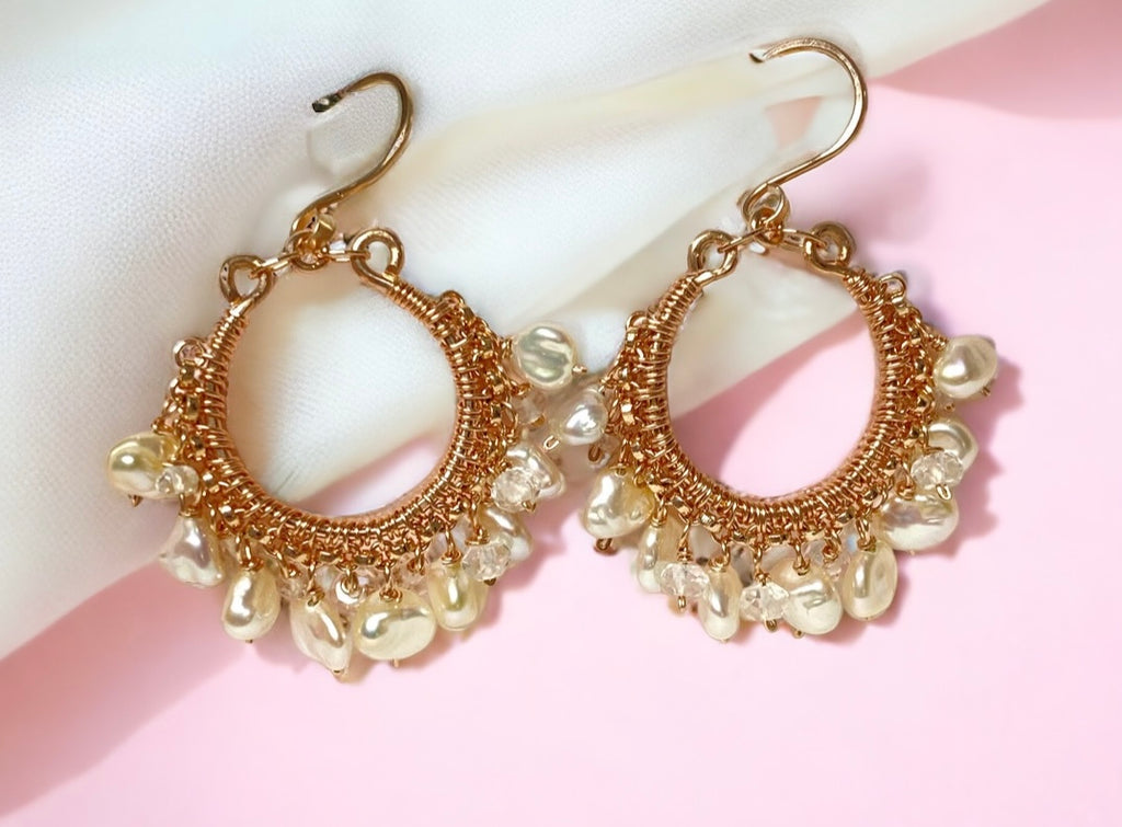 Rose Gold Keishi Pearl and Crystal Hoop Earrings