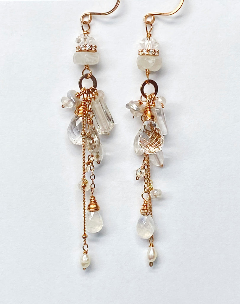 Rose Gold Boho Dangle Earrings with Crystal Quartz & Moonstone