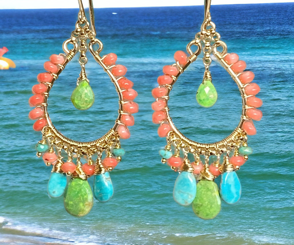 Turquoise Gold Hoop Chandelier Earrings Kingman Turquoise