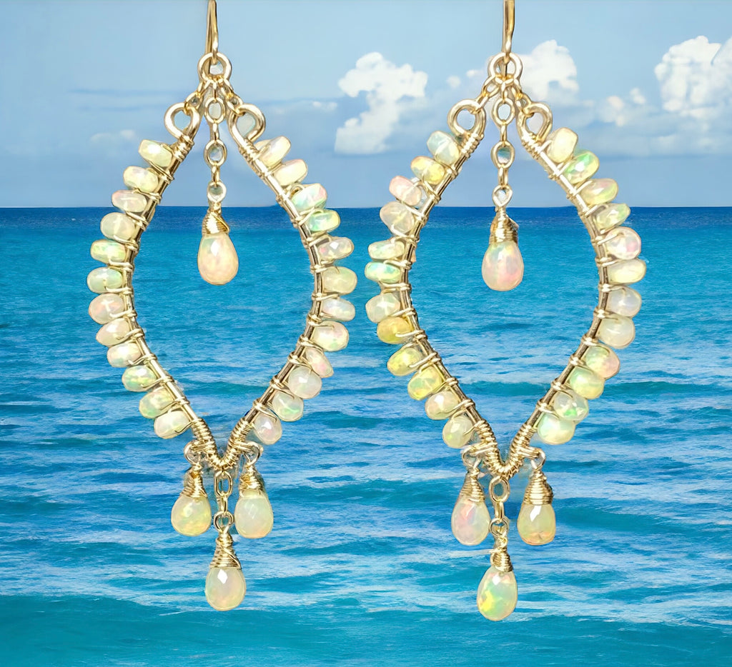 Ethiopian Opal  Hoop Chandelier Earrings, Gold Fill