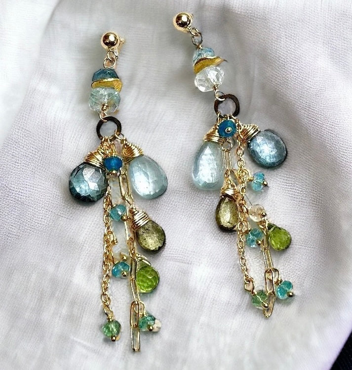 Aquamarine and Gemstone Dangle Long Earrings