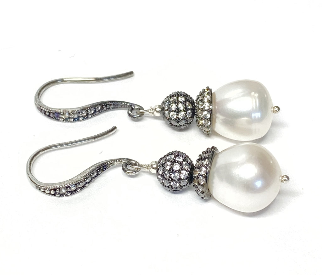 White Pearl Drop Earrings Pave CZ Oxidized Silver