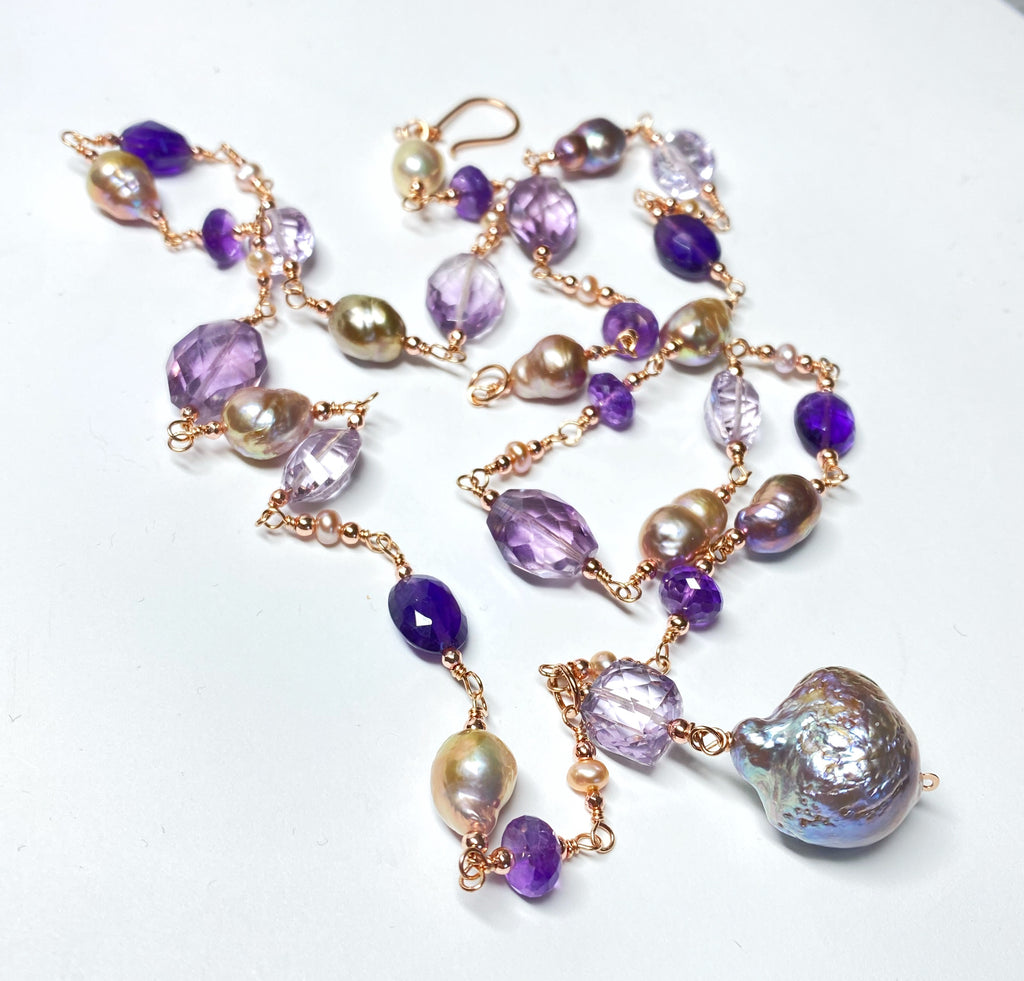 Long Amethyst Gem Stone and Baroque Pearl Necklace in Rose Gold