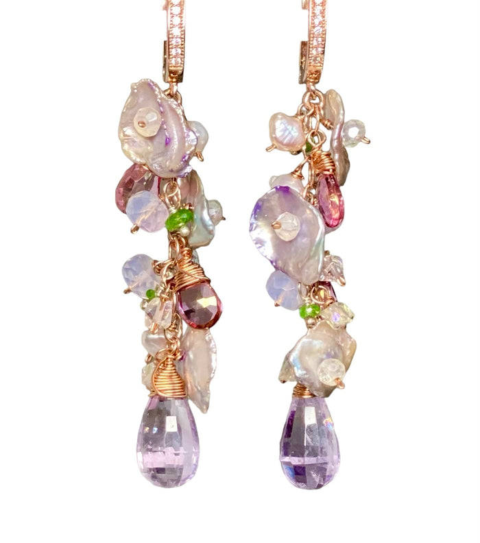 Lavender Amethyst Keishi Pearl Rose Gold Long Dangle Earrings