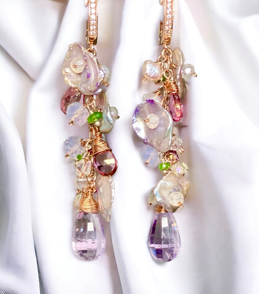 Lavender Amethyst Keishi Pearl Rose Gold Long Dangle Earrings