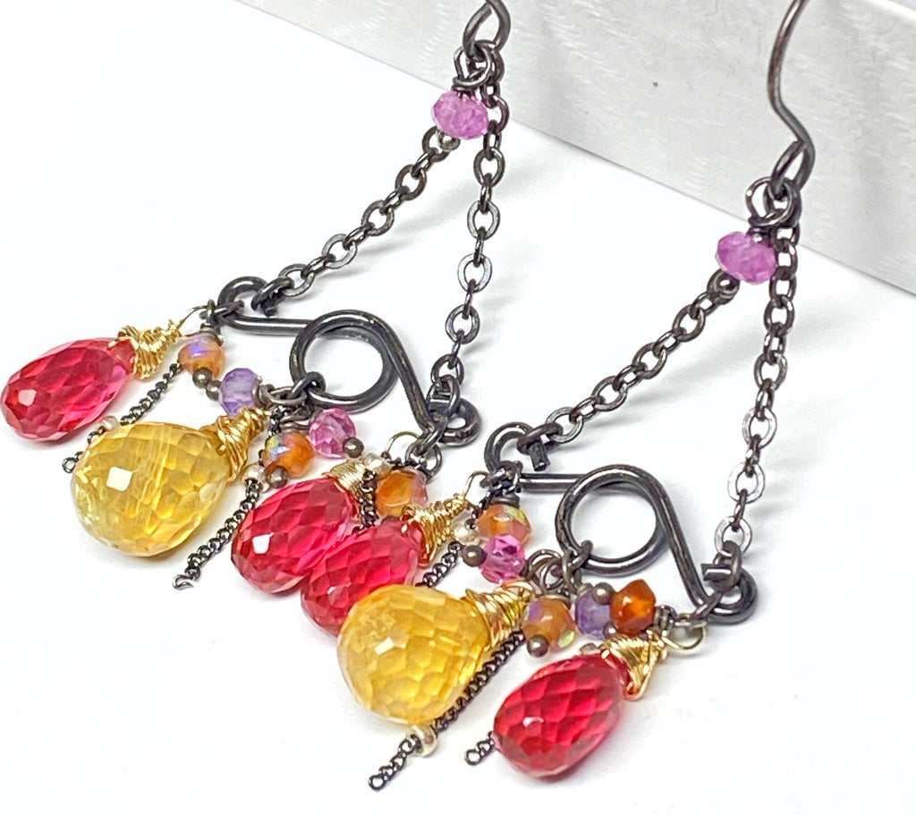 Pink, Fuchsia, Citrine Gemstone Handmade Chandelier Earrings Mixed Metal Oxidized Silver
