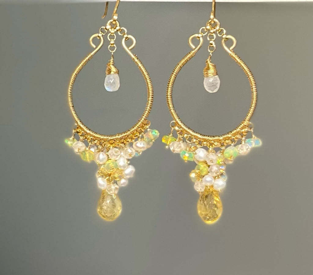 Citrine Gold Fill Hoops with Opal Pearl Moonstone Clusters