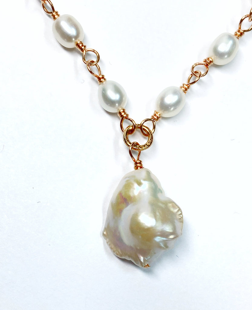 Dainty Baroque Pearl Necklace Wire Wrapped Rosary Style Rose Gold Fill
