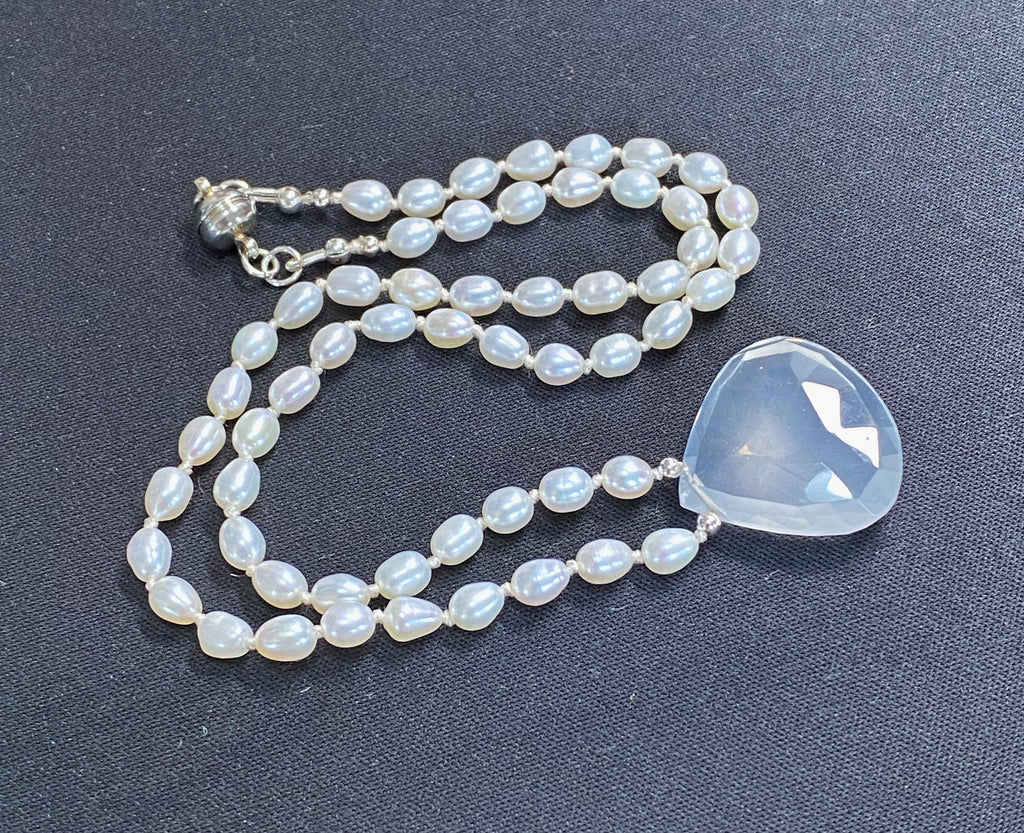 White Quartz Pendant Hand Knotted Pearl Necklace, Sterling Silver
