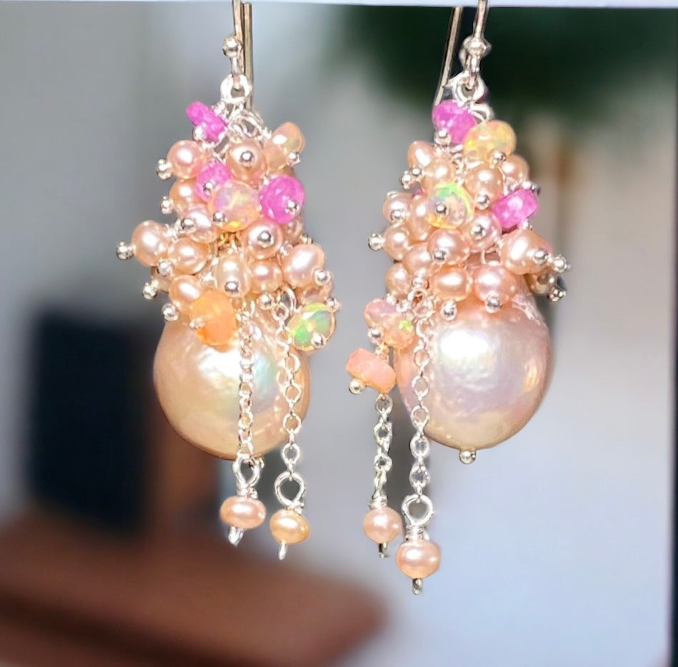 Pink Blush Baroque Pearls Opal, Sapphire Pearl Cluster Earrings