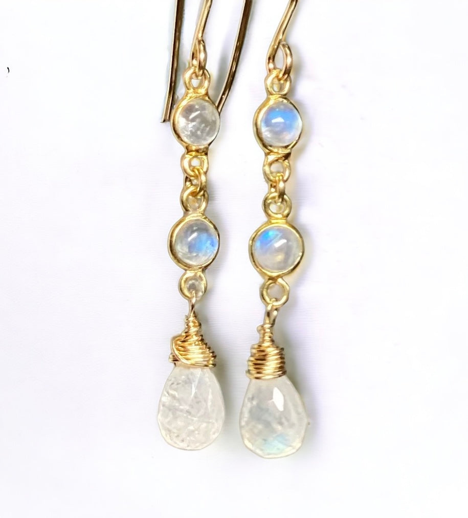 Rainbow Moonstone Double Dangle Earrings Gold Fill