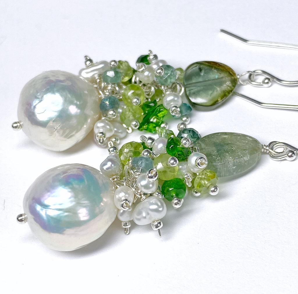 Baroque Edison Pearl and Green Gemstone and Tourmaline Cluster Earrings
