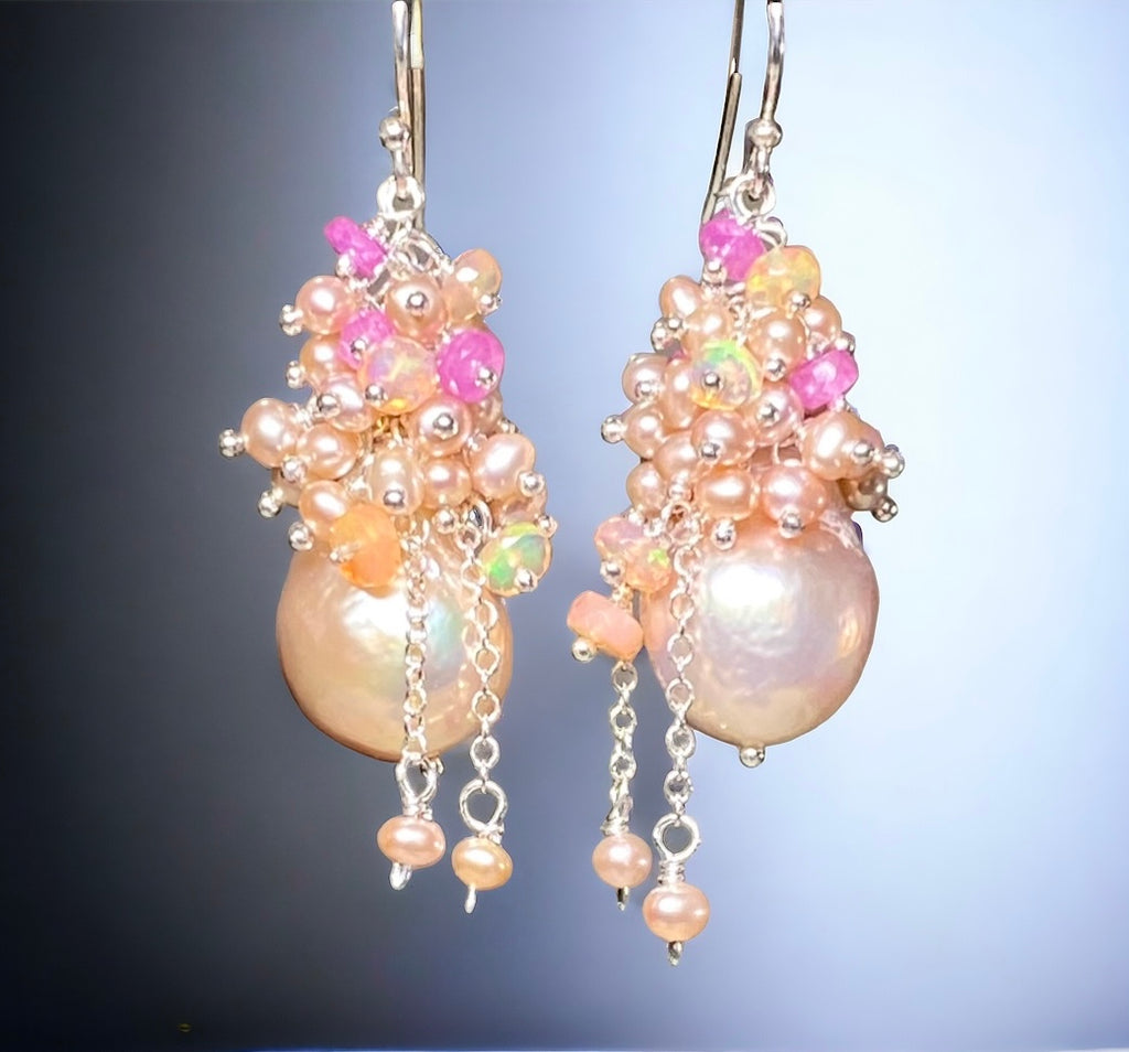Pink Blush Baroque Pearls Opal, Sapphire Pearl Cluster Earrings