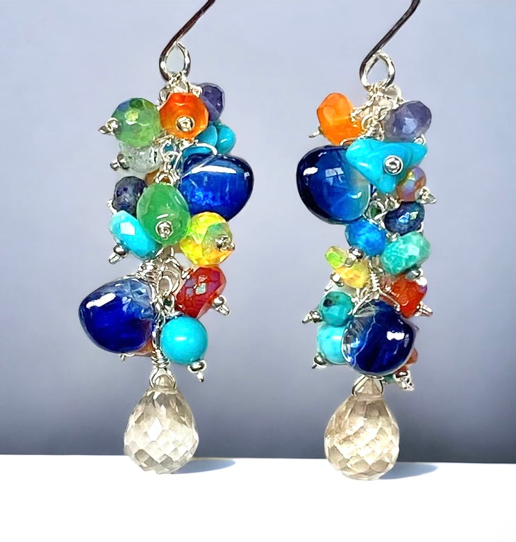 Handcrafted long gemstone dangle earrings with kyanite, turquoise, chrysoprase, carnelian and more on sterling silver