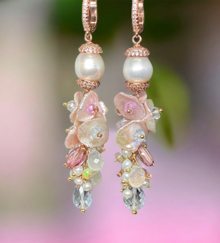Blush Keishi Pearl Pink Topaz Ivory Pearl Rose Gold Long Dangle Bridal Earrings
