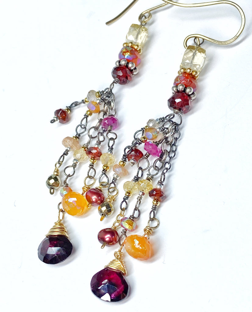 Multi Gemstone Gem Dangle Earrings, Boho Tassel Style, Red Garnet, Carnelian, Citrine, Mixed Metal