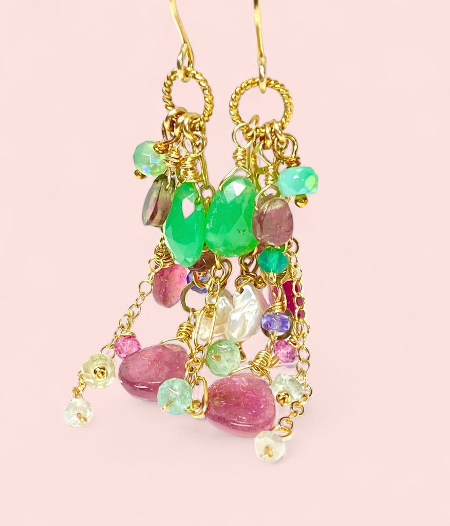 Pink Tourmaline Slice Green Chrysoprase Gemstone Dangle Earrings Gold Fill