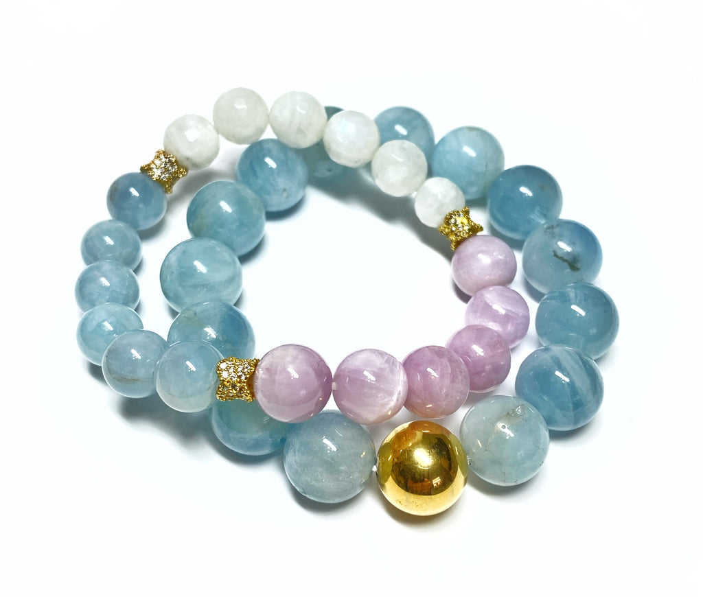 Morganite, Aquamarine Pastel Gemstone Stretch Bracelet, 10 mm, Rose Gold Pave Bead