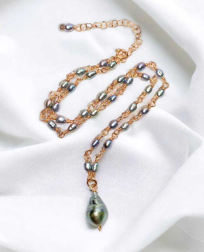 Tahitian pearl pendant hand wire wrapped necklace with small peacock pearls on rose gold fill thick sturdy wire with extender chain