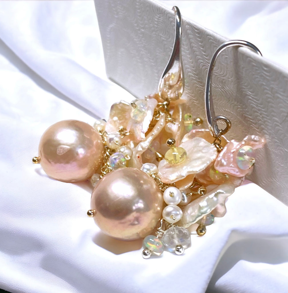Pink Pearl Blush Keishi and Opal Cluster Earrings in Sterling Silver