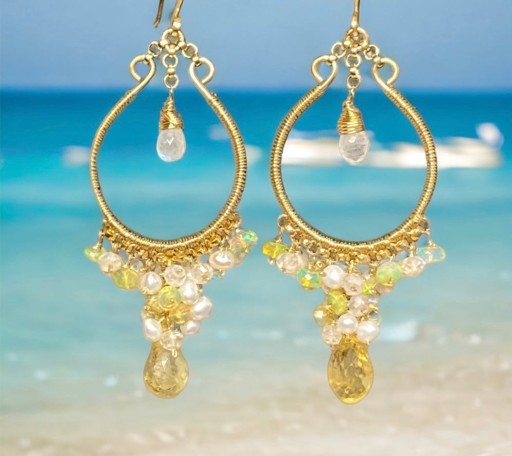 Citrine Gold Fill Hoops with Opal Pearl Moonstone Clusters