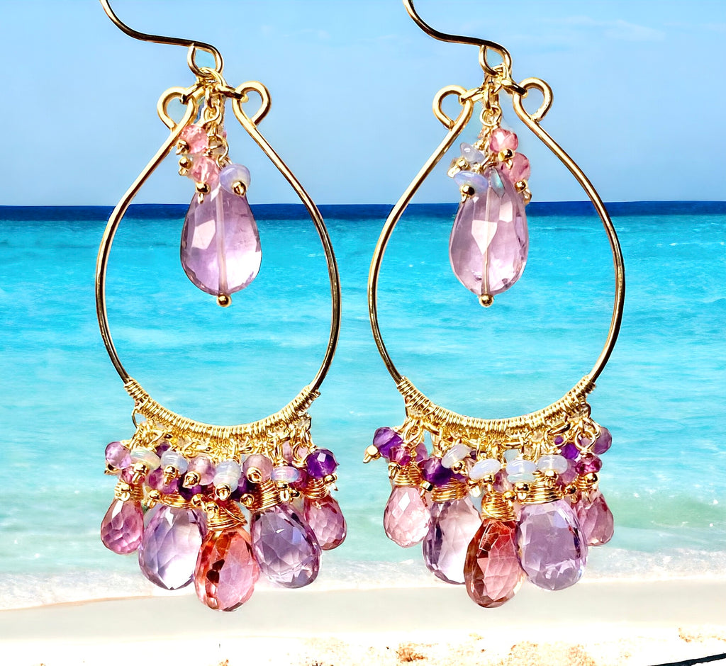 Gemstone Statement Chandelier Earrings in Pink, Lavender, Violet 2