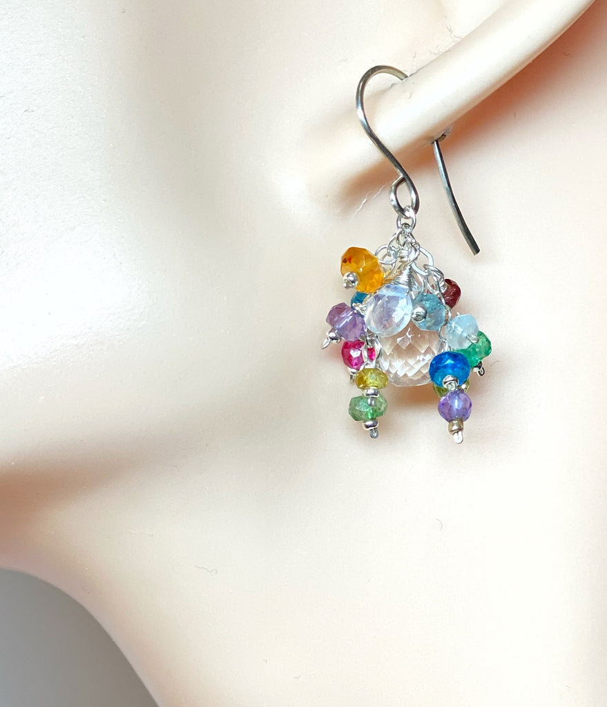 Crystal Quartz Dangle Earrings with Multi Gemstone Cluster Sterling Silver 9