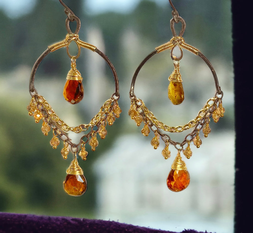 Petrol Tourmaline and Oxidized Silver Gold Earrings