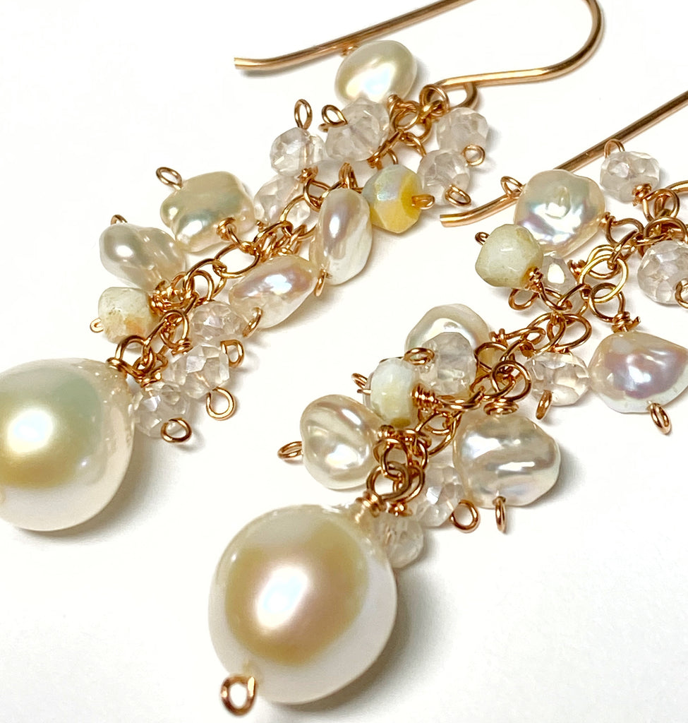 Rose Gold Long Dangle Earrings Keishi Pearl Mystic Quartz