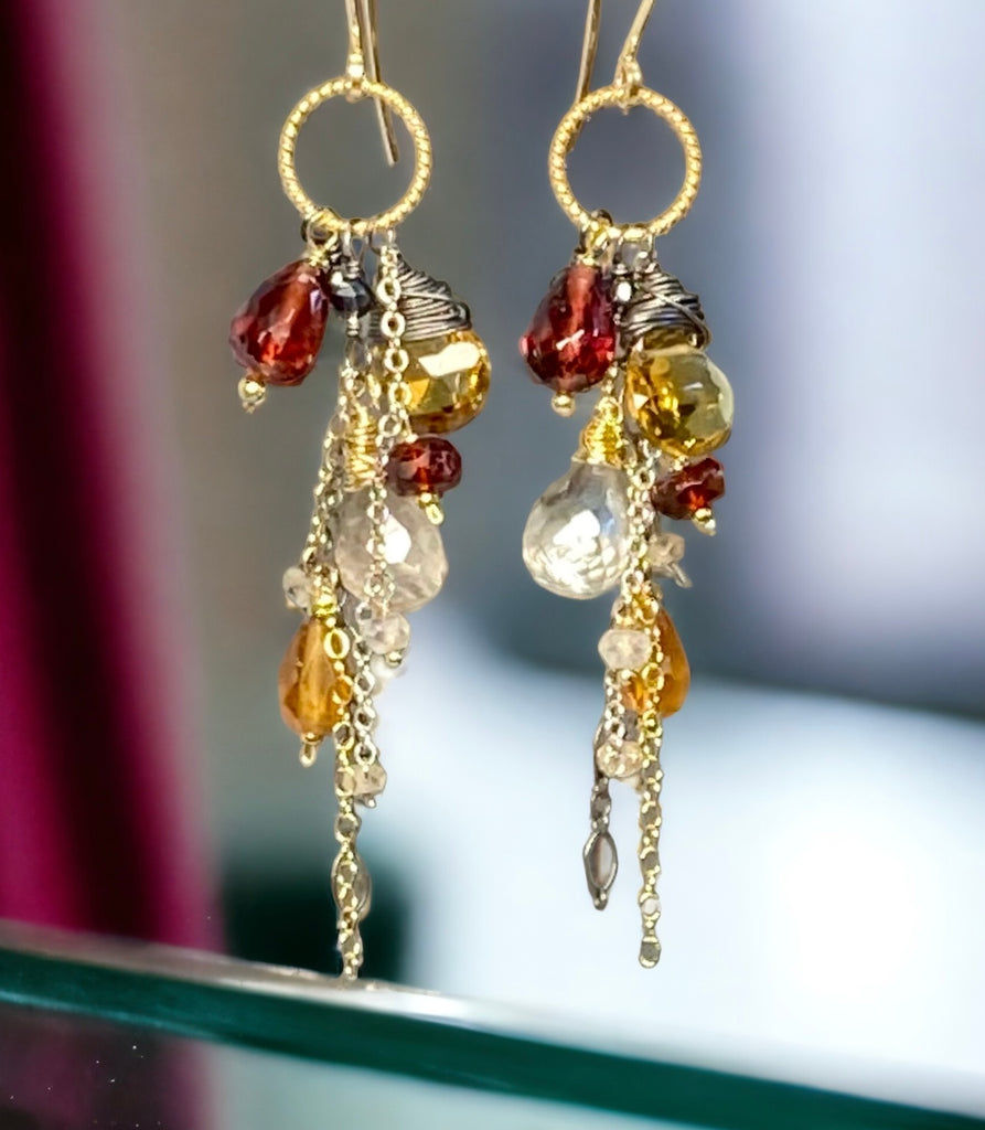 Multi Gemstone Dangle Earrings Garnet Citrine Mixed Metal - Doolittle